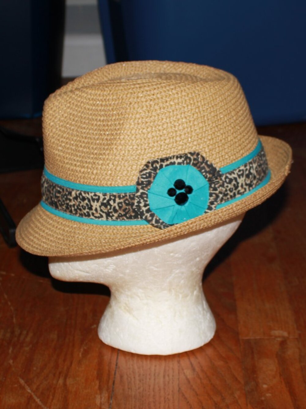Karen Keith Animal Print Trim Straw Fedora